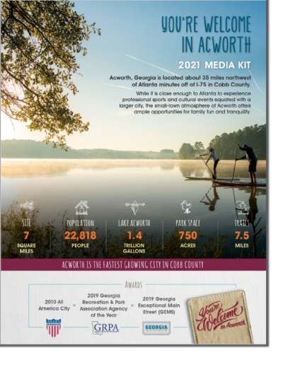 Informational graphic about Acworth, Georgia, highlighting its location, population of 22,818, park facilities, trails, and lake activities. Includes accolades for community excellence and growth.