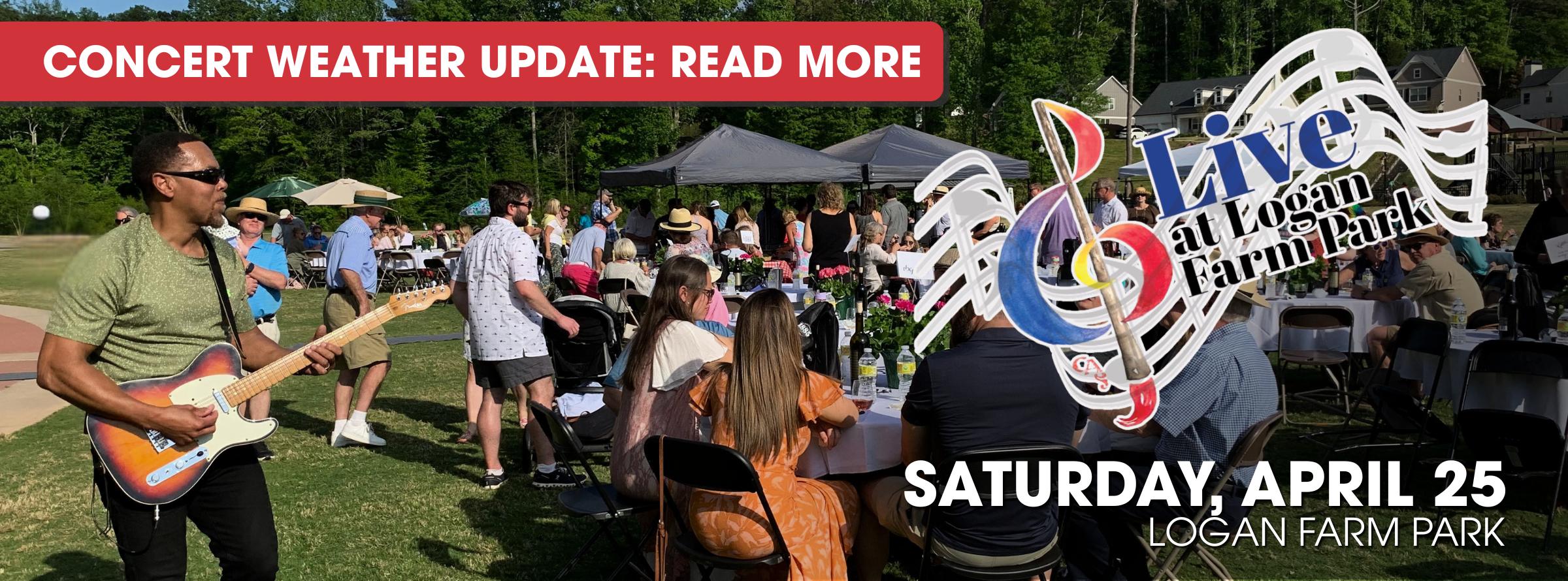 Outdoor concert event at Logan Farm Park with people seated at tables, a musician playing guitar, event signage, and a weather update banner at the top.