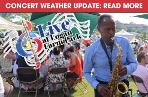 A saxophonist plays at an outdoor event with people seated at tables; a large "Live at Logan Farm Park" sign is in the foreground. A "Concert Weather Update" banner is at the top.