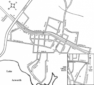 Black and white map of Acworth displaying streets, intersections, and specific locations. A smaller inset map titled "Mill Village Insert" shows an enlarged view of the local area around Mill Village.