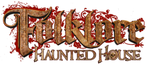 Stylized text logo for "Folklore Haunted House" with ornate lettering and a red splattered background.