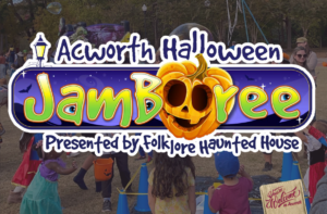 Banner for "Acworth Halloween Jamboree: Presented by Folklore Haunted House" with children dressed in costumes participating in outdoor activities in the background.