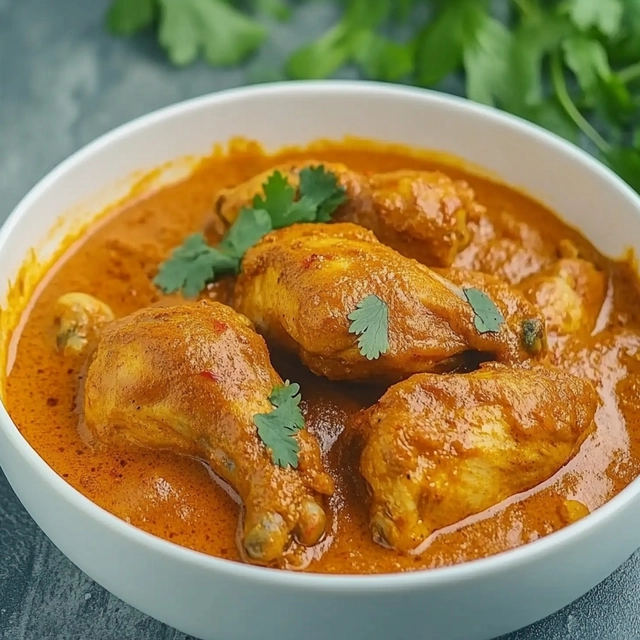 A white bowl filled with chicken drumsticks in rich orange curry sauce, garnished with fresh cilantro leaves.