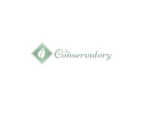 Green diamond logo with a white leaf icon on the left. To the right of the diamond, the text "The Conservatory" is written in cursive.