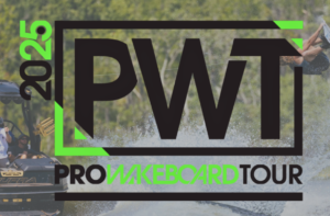 Text reading "PWT 2025 Pro Wakeboard Tour" is overlaid on an image of a wakeboarder performing a trick on water behind a boat.