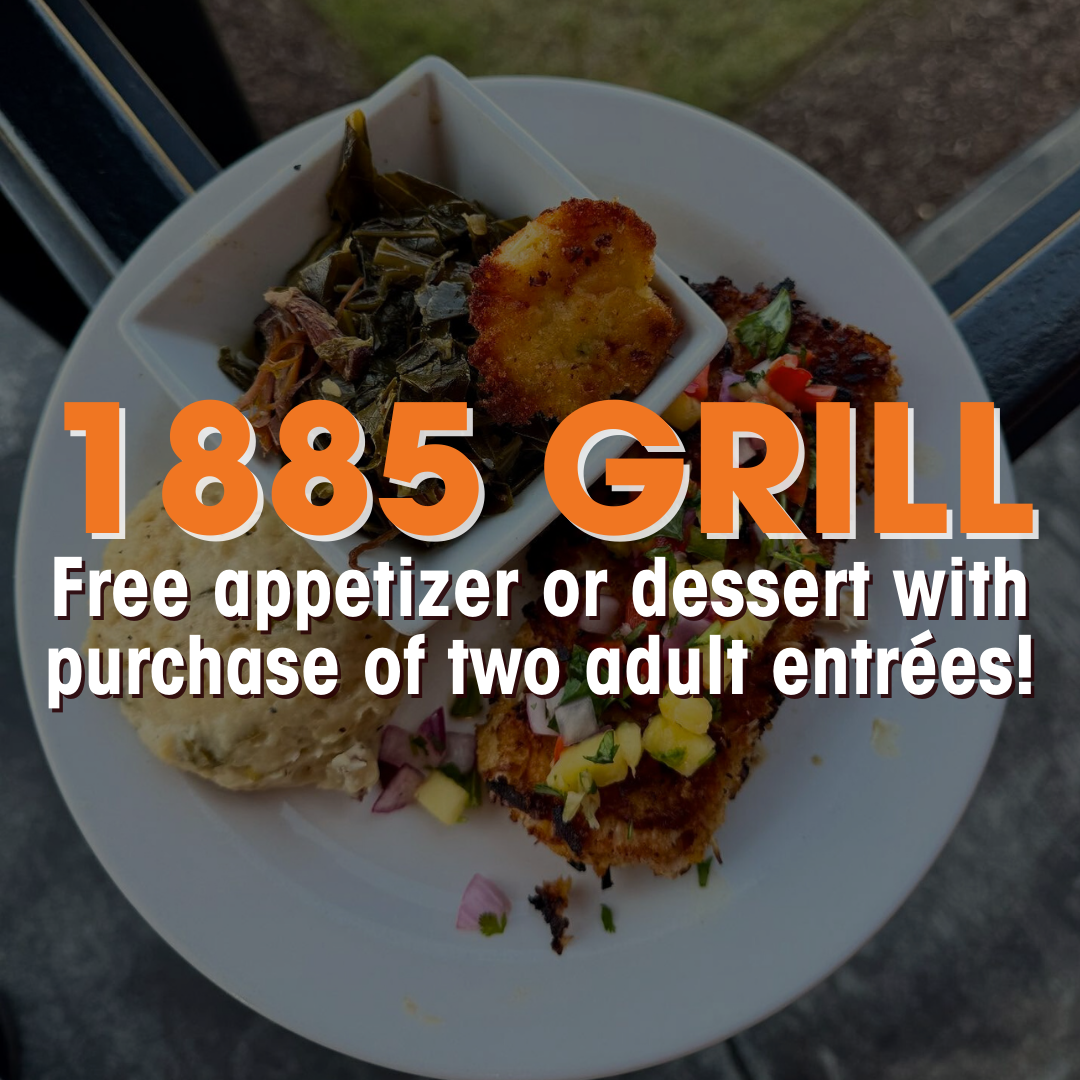 A plate of food with vegetables, cornbread, and a main dish; overlaid text offers a free appetizer or dessert with two adult entrée purchases at 1885 Grill. Taste the best of what Cobb County has to offer with a Cobb Foodie Week Meal Deals Pass!.