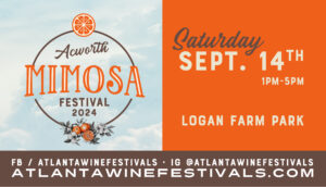 Image Acworth Mimosa Festival Logo in front of clouds on orange and brown background with date and location information.