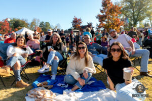 Friends Sitting on chairs and picnic blankets with drinks on a sunny day at the Park