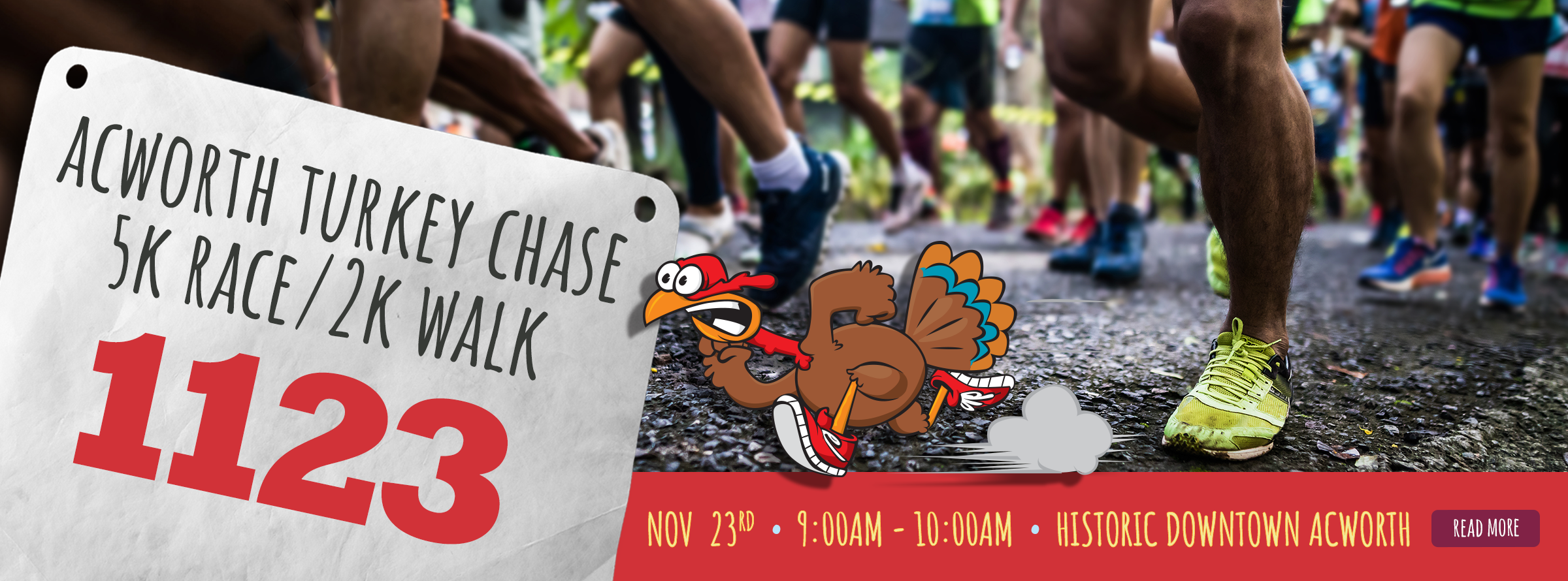 Runners participate in the Acworth Turkey Chase 5K Race and 2K Walk. Banner displays date: November 23rd, 9:00AM-10:00AM at Historic Downtown Acworth.