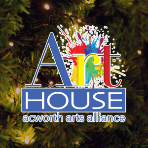 Logo of Art House Acworth Arts Alliance with colorful paint splashes on a background of green foliage and small lights, celebrating Holly Jolly Happenings for Everyone in Acworth.