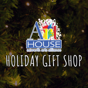 Image that has the Acworth Art House Logo and text that says Holiday Gift Shop with a Christmas tree background