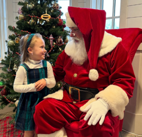 A child in a dress sits on Santa's lap amidst Holly Jolly Happenings for Everyone in Acworth, where a decorated Christmas tree adds to the festive room's charm.