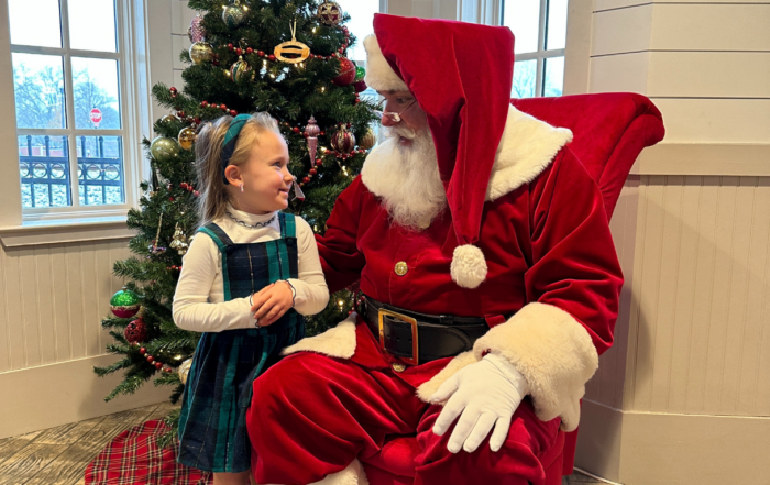 A child in a dress sits on Santa's lap amidst Holly Jolly Happenings for Everyone in Acworth, where a decorated Christmas tree adds to the festive room's charm.