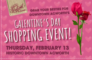 Pink flyer for a Galentine's Day Shopping Event in Historic Downtown Acworth on Thursday, February 13, featuring a red rose and heart pattern background.