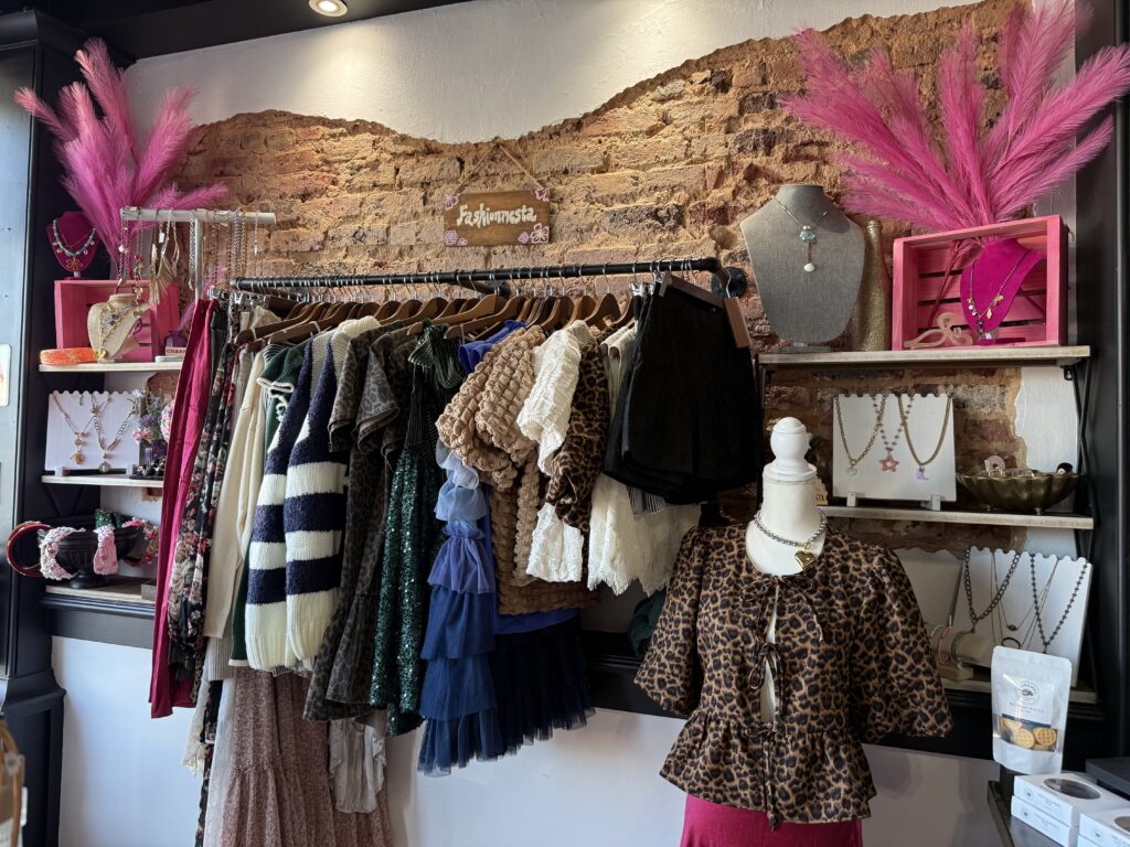 Clothing and accessories display with tops and skirts hanging on a rack. Jewelry is arranged on shelves. Decorative pink feathers adorn the brick wall backdrop.