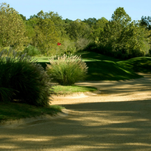 Discover one of the five new reasons to put Acworth on your travel bucket list—a stunning golf course featuring a pristine sand bunker surrounded by lush greenery and a striking red flag under the clear blue sky.