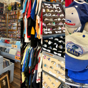 Collage of a vintage store in Acworth, showcasing rows of vinyl records, racks of colorful shirts, displays of rings, and a stack of branded caps. Explore vibrant finds while feeling the good mood akin to enjoying 6 winter combos for fresh food.