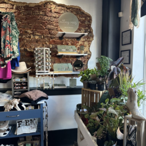 A boutique interior with exposed brick showcases jewelry on shelves and clothing on racks, all sprinkled with a variety of plants housed in wooden crates, reminiscent of the natural vibe found in Acworth’s cherished winter combos for fresh food and a good mood.