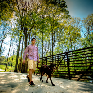 A man strolls with his dog on a leash across a scenic bridge in Acworth's park, surrounded by tall trees and vibrant foliage under the sunny sky. It's one of five new reasons to put Acworth on your travel bucket list.