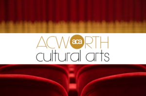 Red theater seats and a blurred stage curtain, overlaid with the text "Acworth Cultural Arts" and the acronym "aca" in the center.
