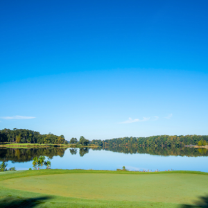 A serene lake with a clear blue sky is surrounded by green trees, reflecting on the water—a picturesque scene that offers a handful of reasons to put Acworth on your travel bucket list. In the foreground, there is a smooth grassy area inviting peaceful reflection.