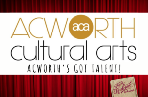 Acworth Cultural Arts logo with text "Acworth's Got Talent!" on a red curtain background.
