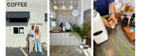 Three photos: a couple stands outside Hippie Kids Cafe de Coco in downtown Acworth; the café’s modern interior with counter; close-up of hands preparing iced coffee drinks at the counter.