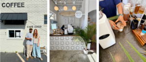 Three images: a man and woman stand outside Hippie Kids Cafe de Coco in downtown Acworth, the café's cozy interior with a coffee counter, and a close-up of hands preparing a coffee drink on the counter.