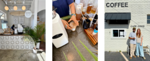 Three photos: the modern interior of Hippie Kids Cafe de Coco, a barista preparing a drink at the counter, and two people standing outside under a sign that reads "COFFEE" in downtown Acworth.