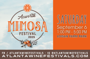 Acworth Mimosa Festival 2025 event flyer; Saturday, September 6, 1–5 PM at Logan Farm Park; includes social media and website details.