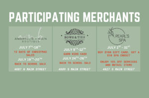 Graphic listing events and promotions for three merchants: Amaryllis + Main Boutique, Bows & Ties, and Pearl’s Spa, with dates, sale details, and addresses on a green background.