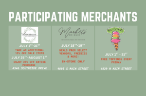 A promotional graphic listing three businesses, their special offers, dates, and addresses under the heading "Participating Merchants" on a green background.