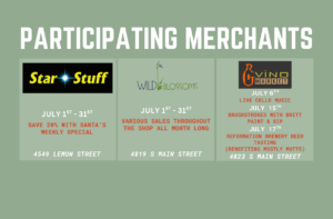Three boxes list participating merchants and July events: Star Stuff, Wild Blossoms, and Vino Market, with dates, details, and addresses on a green background.