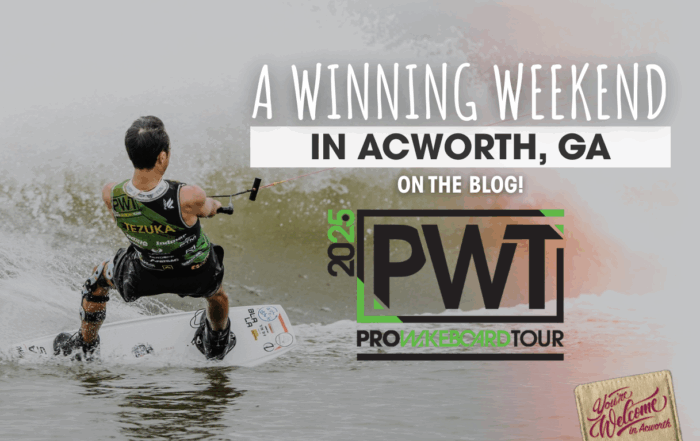 A wakeboarder in action on the water promotes the 2025 Pro Wakeboard Tour in Acworth, GA, with vibrant event branding and “A Winning Weekend” text overlay.