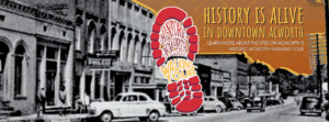 Black and white photo of historic downtown Acworth buildings with a walking tour logo and text inviting you to learn more about historic Acworth locations on the right side, promoting Acworth’s engaging historic walking tour.