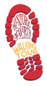 A red shoe print graphic with "Historic Acworth Walking Tour" written inside in stylized red and yellow text.