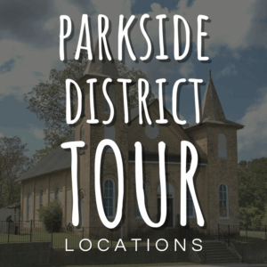 An old brick church with two towers is shown behind bold text reading "Parkside District Tour Locations.
