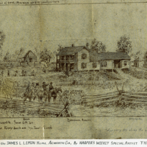Historic sketch of the James L. Lemon Home in Acworth, GA, showing soldiers, a barn, fences, and trees with handwritten notes on the drawing. Learn More About Historic Acworth Locations through detailed illustrations like this one.
