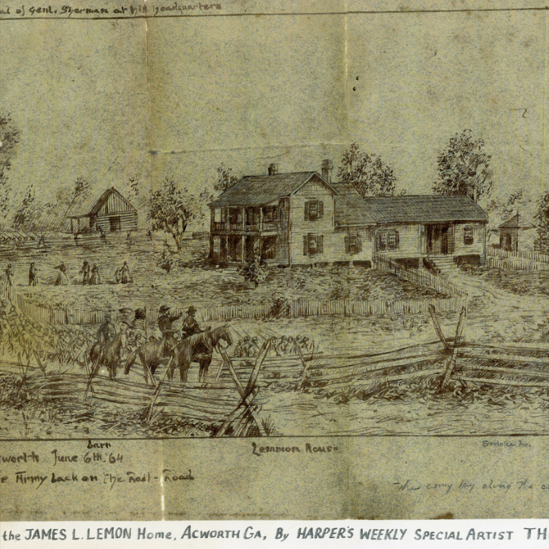 Historic sketch of the James L. Lemon Home in Acworth, GA, showing soldiers, a barn, fences, and trees with handwritten notes on the drawing. Learn More About Historic Acworth Locations through detailed illustrations like this one. Historic sketch of the James L. Lemon Home in Acworth, GA, showing soldiers, a barn, fences, and trees with handwritten notes on the drawing. Learn More About Historic Acworth Locations through detailed illustrations like this one.