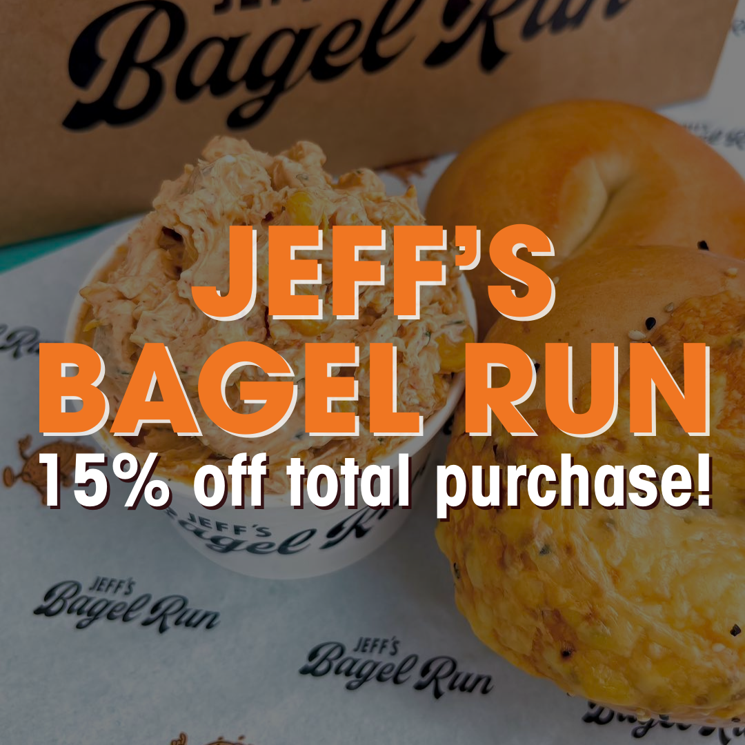 Taste the best of what Cobb County has to offer with a Cobb Foodie Week Meal Deals Pass! Enjoy two bagels and a container of spread on branded paper—“JEFF'S BAGEL RUN, 15% off total purchase!” displayed prominently.