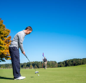 A man in a gray shirt and dark pants putts a golf ball on a green, while another person stands near the flag in the background under a clear blue sky.
