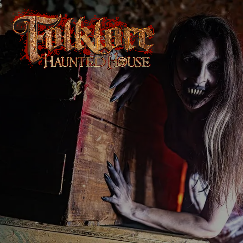 A woman with sharp teeth and long black nails emerges from a dark, wooden crate; text reads "Folklore Haunted House: Experience HALLOWEEN IN ACWORTH.