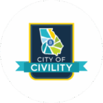 A logo featuring a map of Georgia with colored sections and the text "City of Civility" on a blue background with a blue ribbon banner.