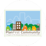 Logo for PlanFirst Community featuring illustrated buildings and houses with a city skyline in the background; text reads "PlanFirst Community" and refers to a Georgia state program.
