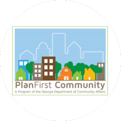 Logo for PlanFirst Community featuring illustrated buildings and houses with a city skyline in the background; text reads "PlanFirst Community" and refers to a Georgia state program.