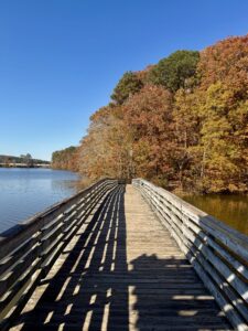 A wooden boardwalk, part of the scenic trails in Acworth, extends over a lake bordered by autumn trees with orange, yellow, and green leaves under a clear blue sky.