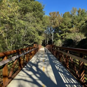 A metal pedestrian bridge with a concrete path and yellow dividing line spans through a wooded area under a clear blue sky, inviting walkers to explore the scenic Trails in Acworth.