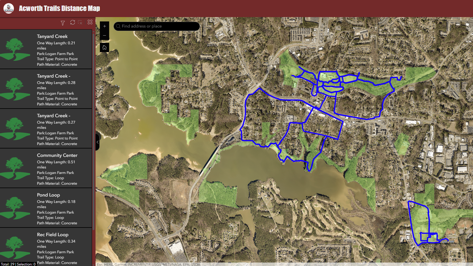 A satellite map displays Trails in Acworth, Georgia, with marked walking paths in blue. A sidebar lists trail names, distances, and parking locations at Logan Farm Park.