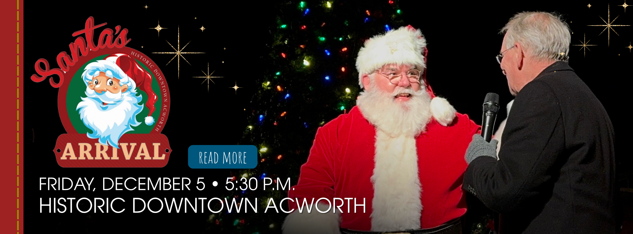 Santa Claus speaks with an older man on stage near a Christmas tree at a holiday event in Historic Downtown Acworth, scheduled for Friday, December 5 at 5:30 PM.