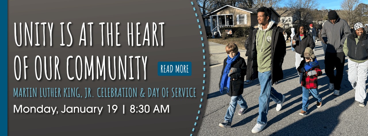 A group of people, including adults and children, walk together on a street for a Martin Luther King, Jr. Day of Service event. Text promotes the event date and time.